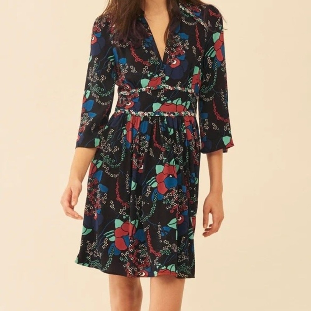Ba&sh Agathe Floral Mini Dress Noir Black V-Neck 3/4 Sleeve Size 0 XS